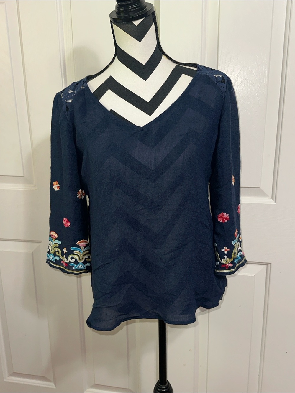 fig and flower Navy V-Neck Embroidered Sleeve Blouse